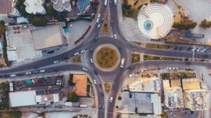 a city with a ferris wheel